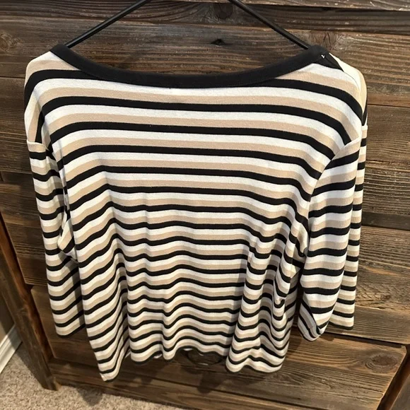 White Stag XL (16/18) white, tan, and black striped 3/4 sleeve top - Picture 4 of 8